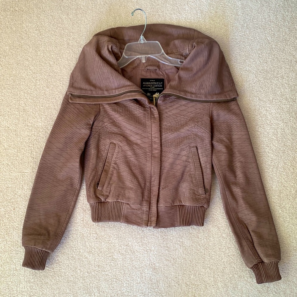 New All Saints Allsaints Reptile Leather Bomber Jacket Taupe UK 6 US 2 XS